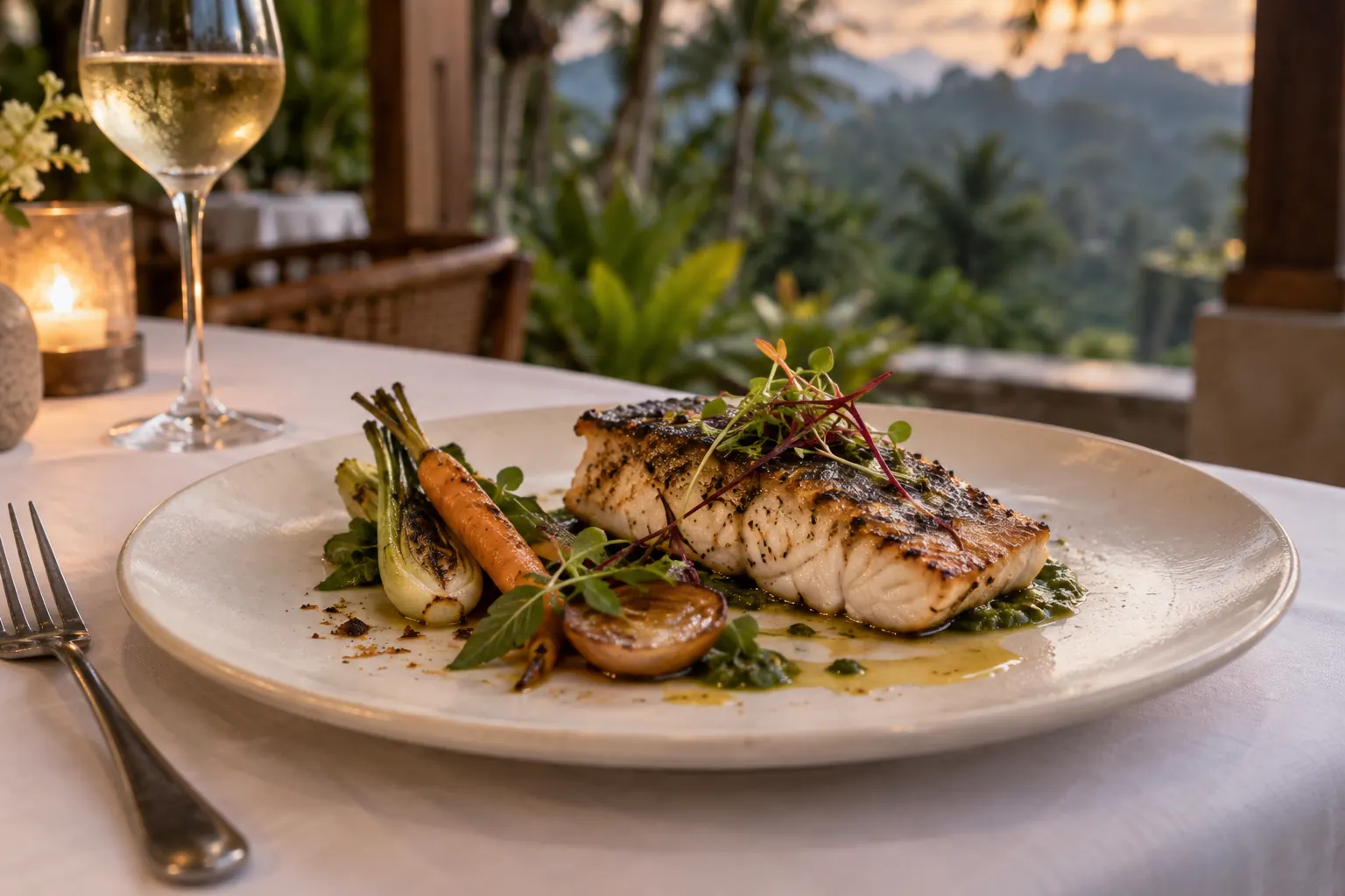 Seared fish with charred vegetables and herb sauce on an ivory plate