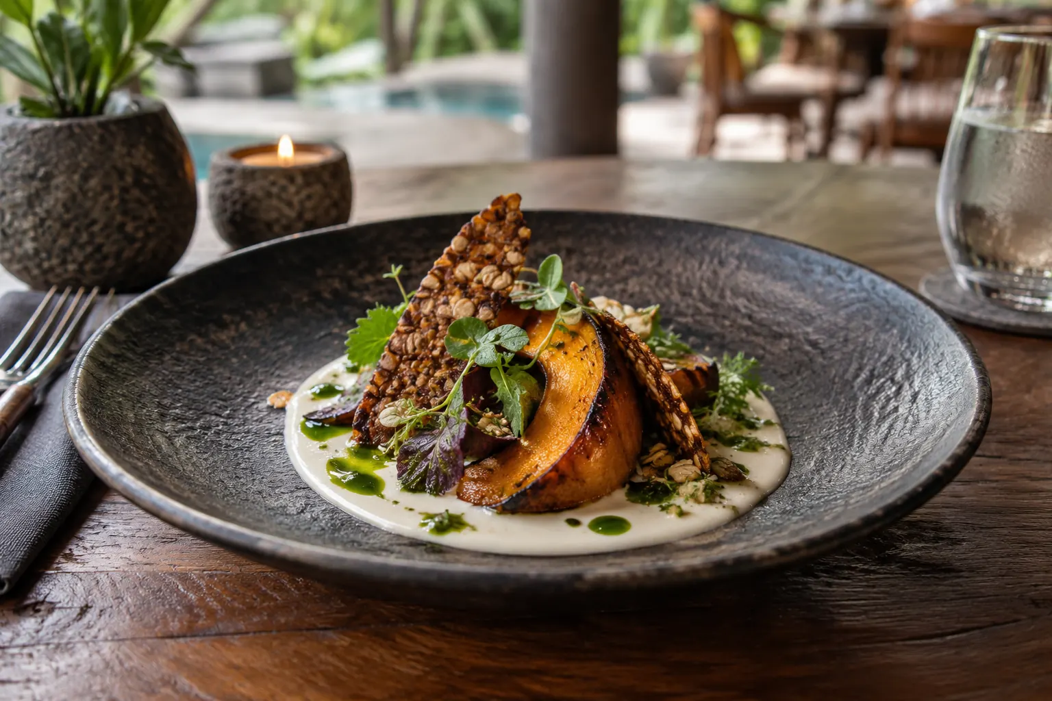 Roasted pumpkin with coconut sauce, herb oil and crisp tempeh