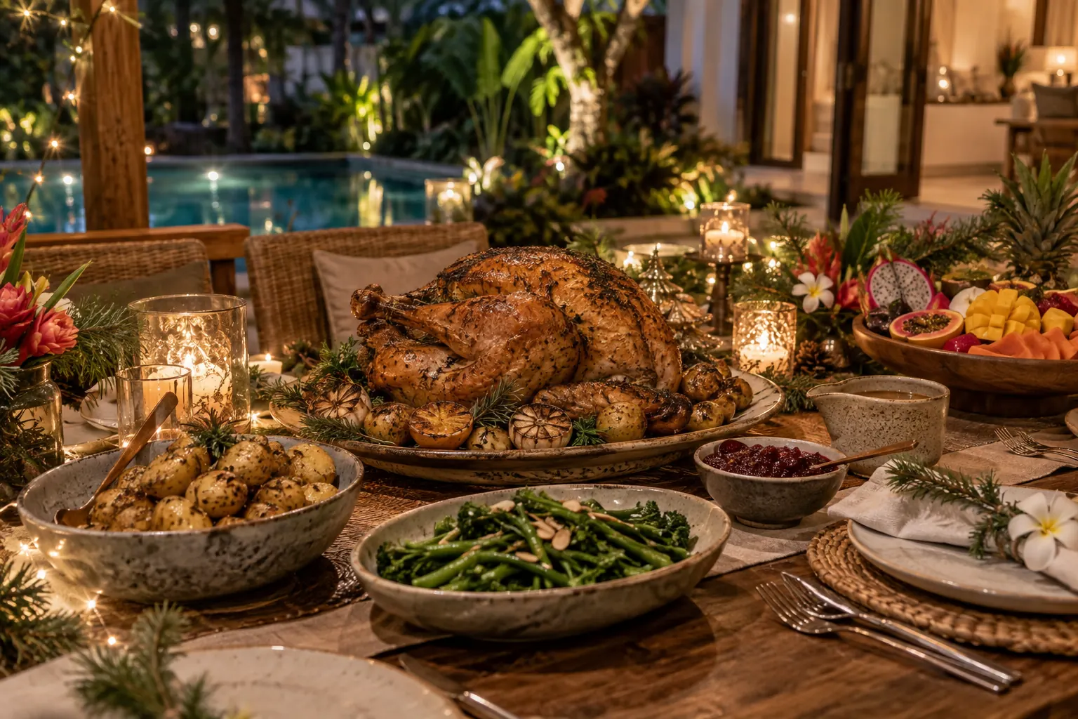 Roast turkey, potatoes, greens and tropical fruit at a festive dinner table