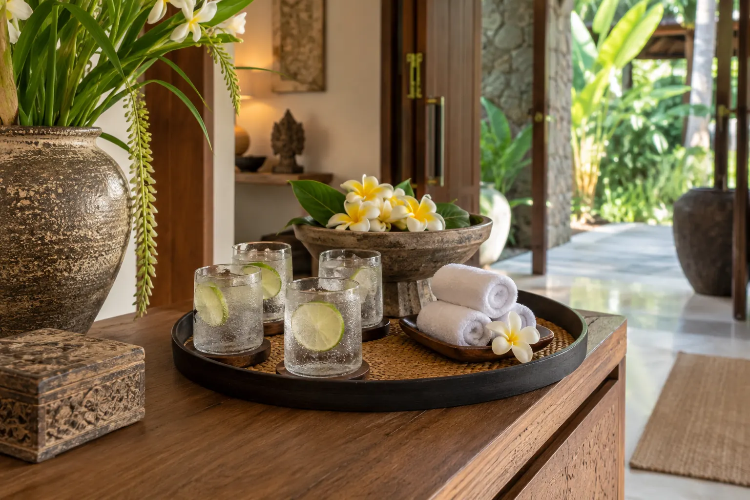 Welcome drinks and folded towels arranged on a tray in a villa entrance