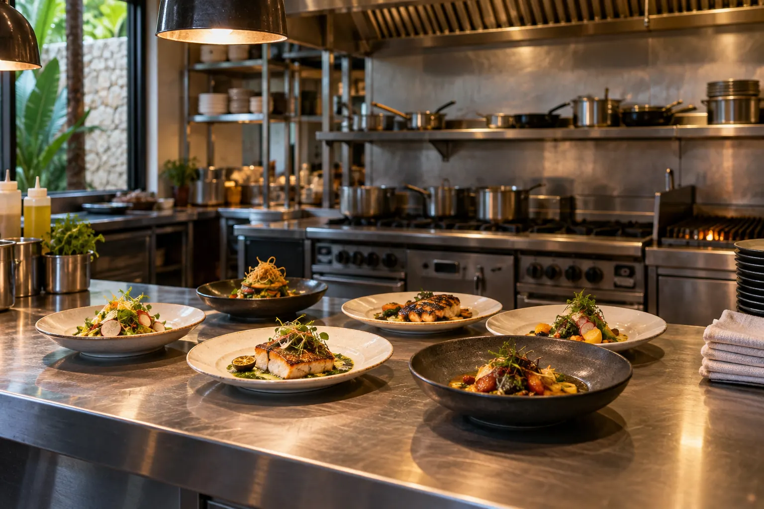 Finished dinner plates lined up at a professional restaurant kitchen pass