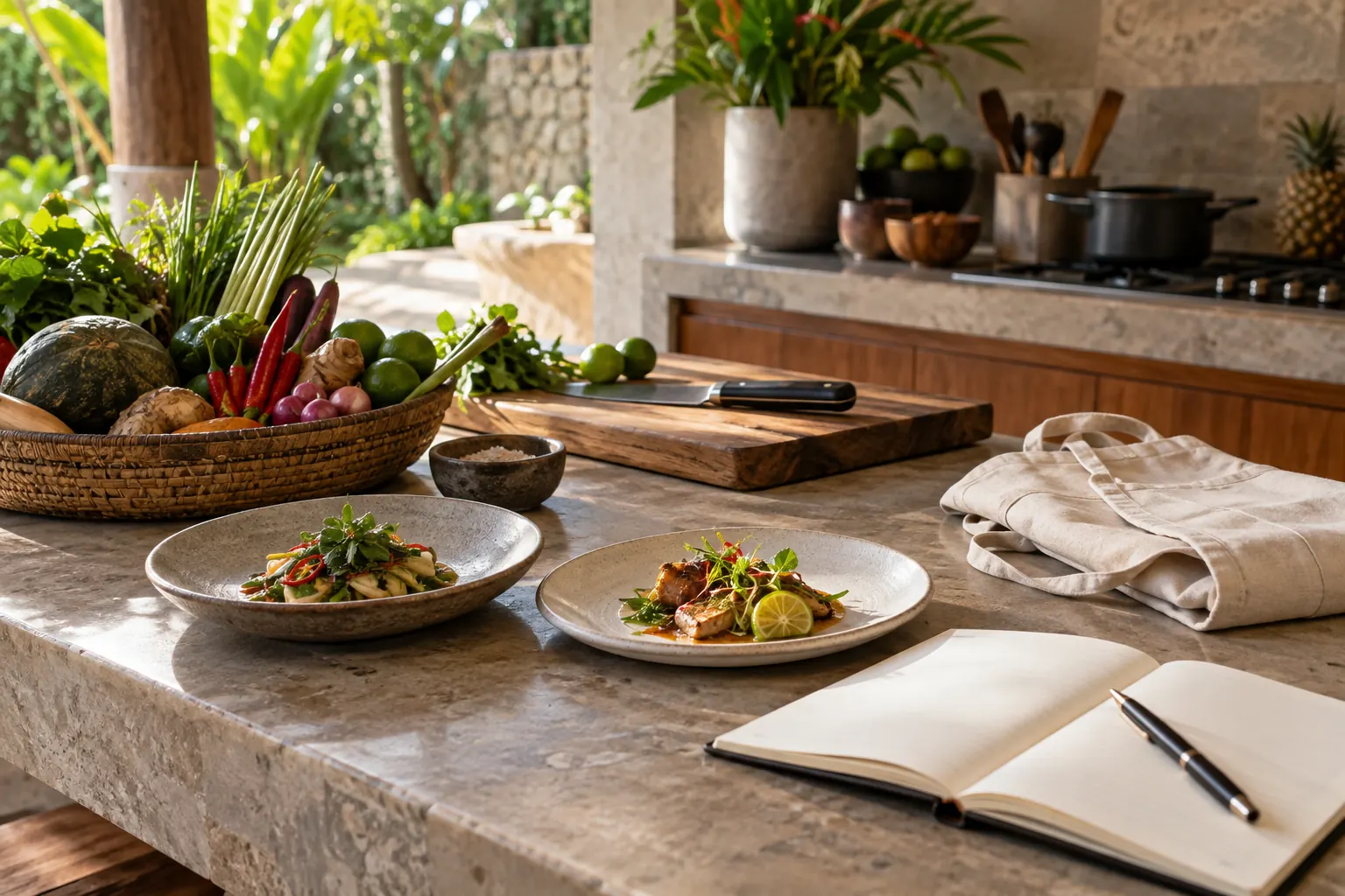 Tasting plates, fresh produce and an open notebook on a kitchen counter
