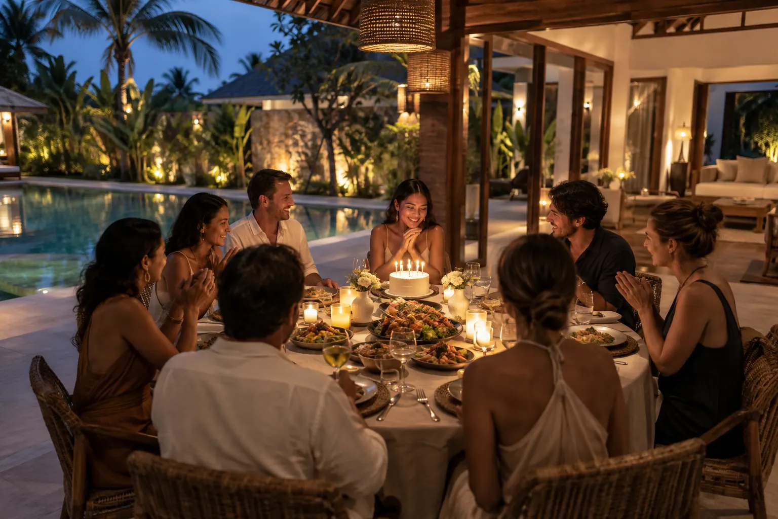 Guests gathered around a birthday cake and dinner at a poolside table