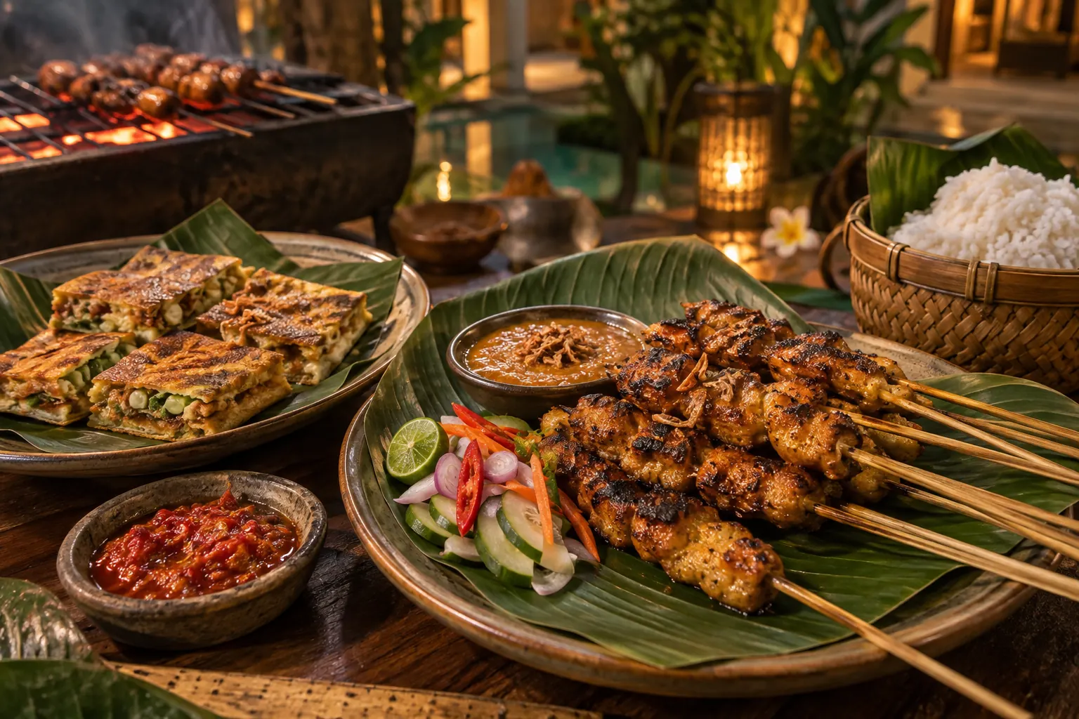 Satay skewers, martabak, sambal and rice on banana-leaf-lined platters