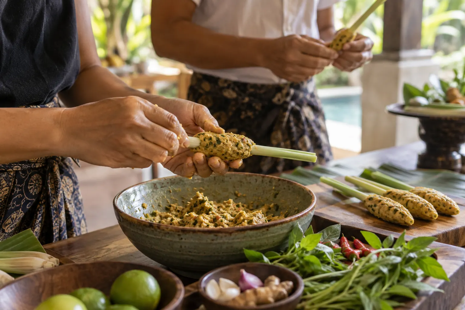 Hands shaping satay lilit around lemongrass during a cooking class