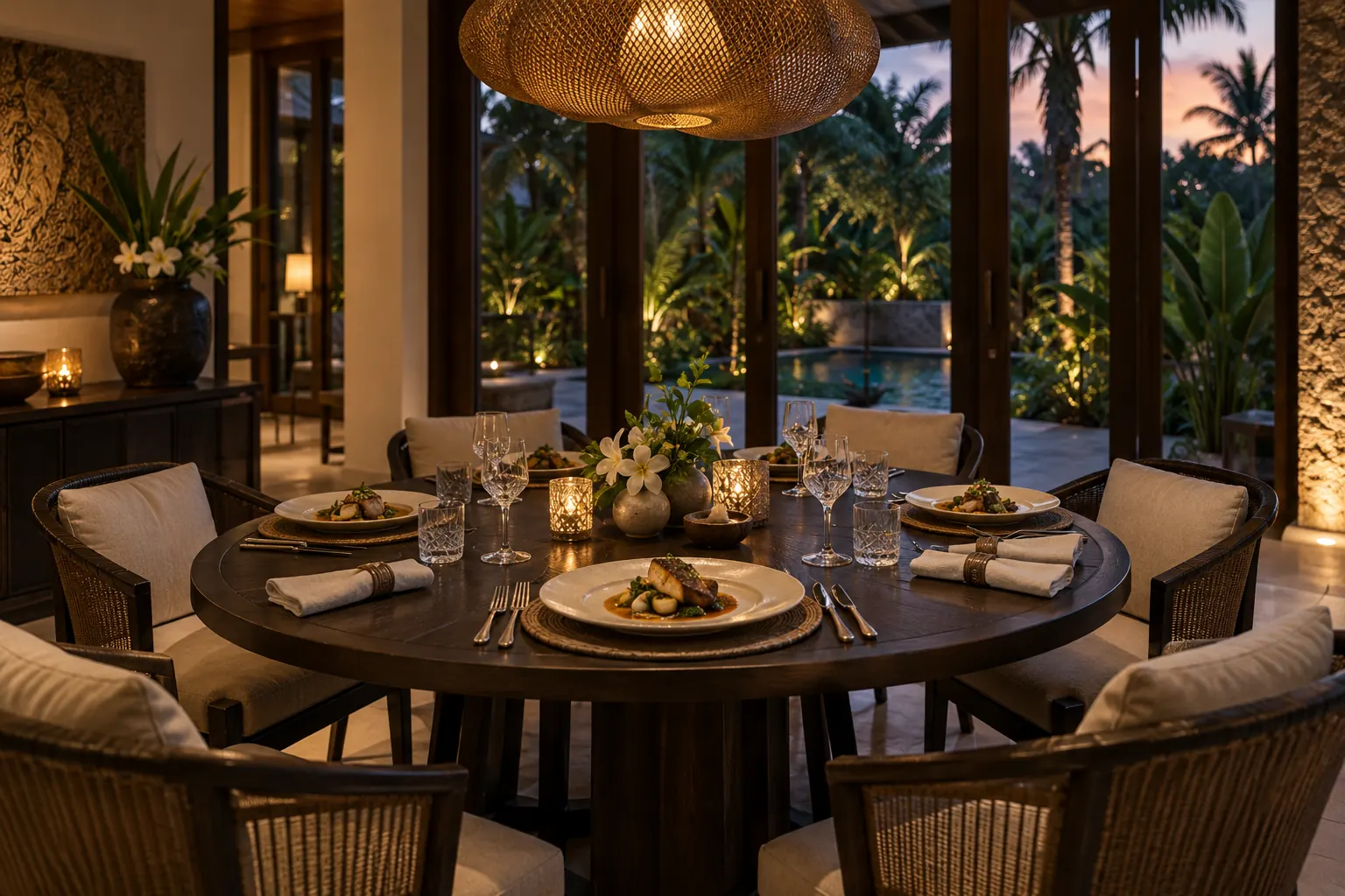 Six-place dinner table with plated courses in a softly lit villa dining room