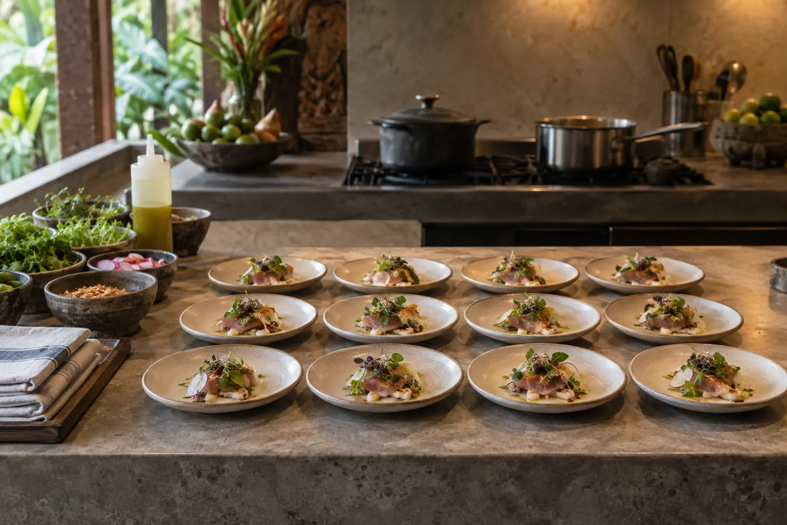 Twelve appetizer plates arranged on a villa kitchen preparation counter