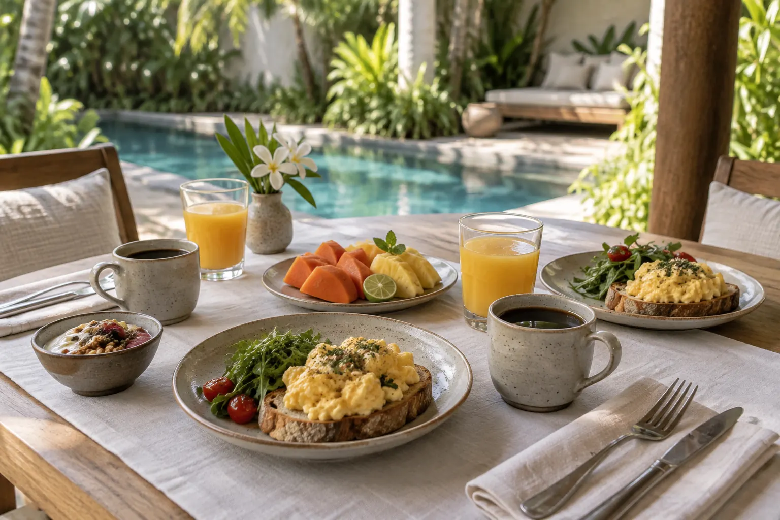 Scrambled eggs, tropical fruit, coffee and juice beside a villa pool