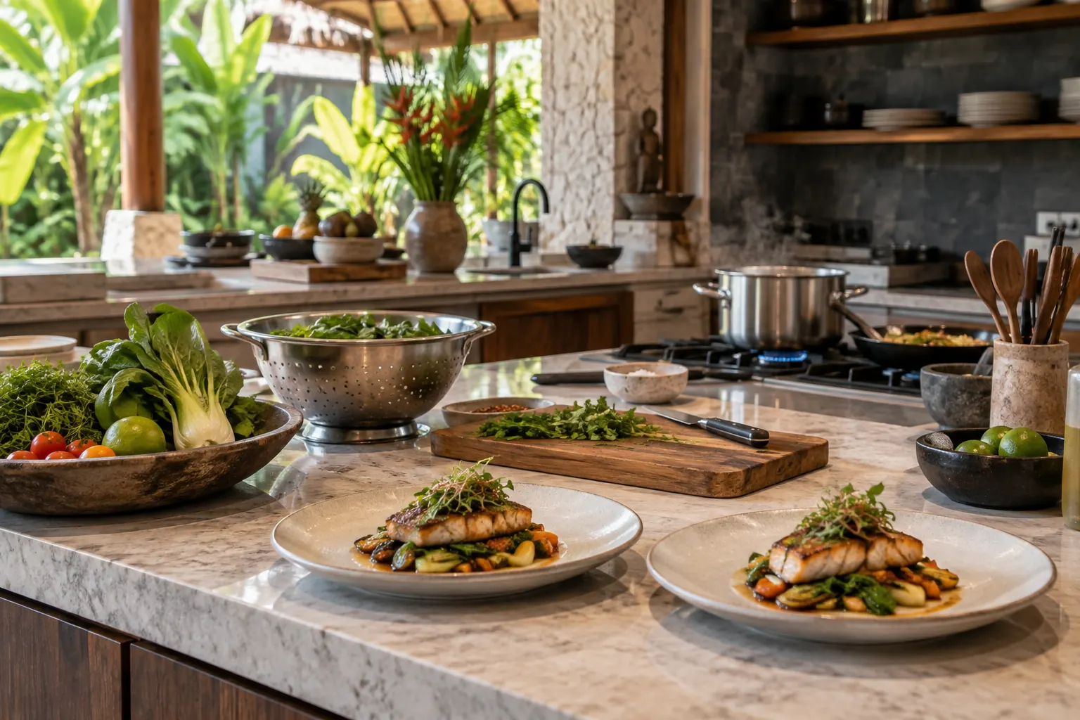 Chopped herbs, vegetables and finished dinner plates in a working villa kitchen