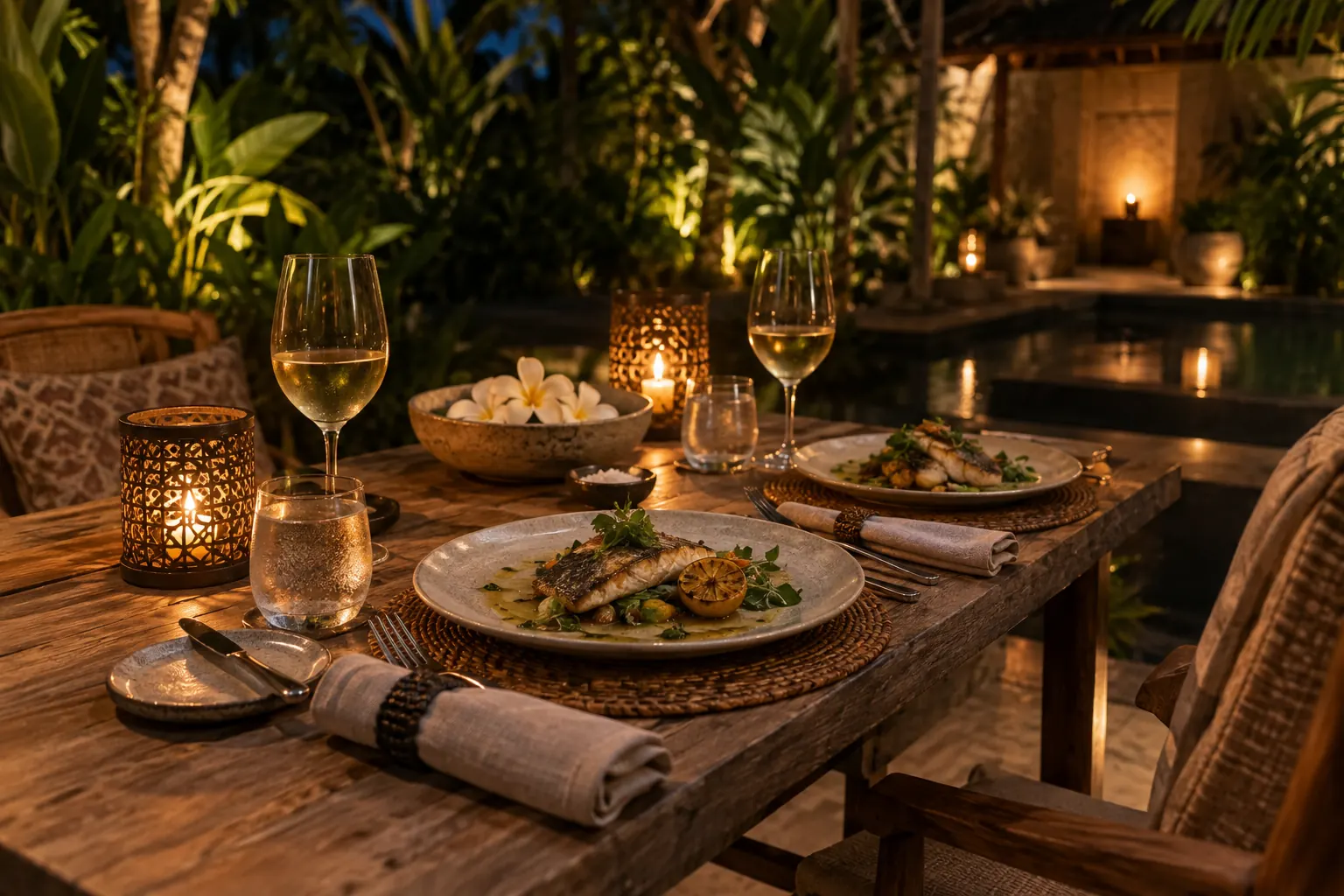 Two plated fish dinners at a candlelit garden table