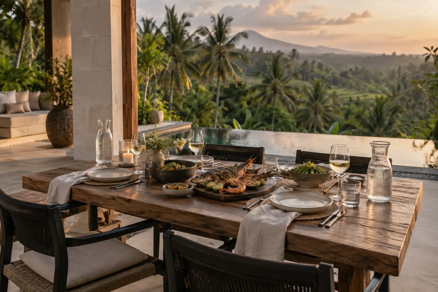 Seafood and vegetables on a four-place villa terrace table overlooking palms