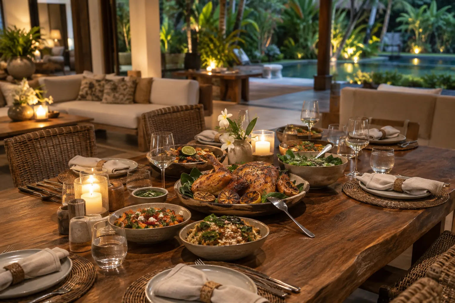 Roast chicken and shared side dishes at an intimate six-place dinner table