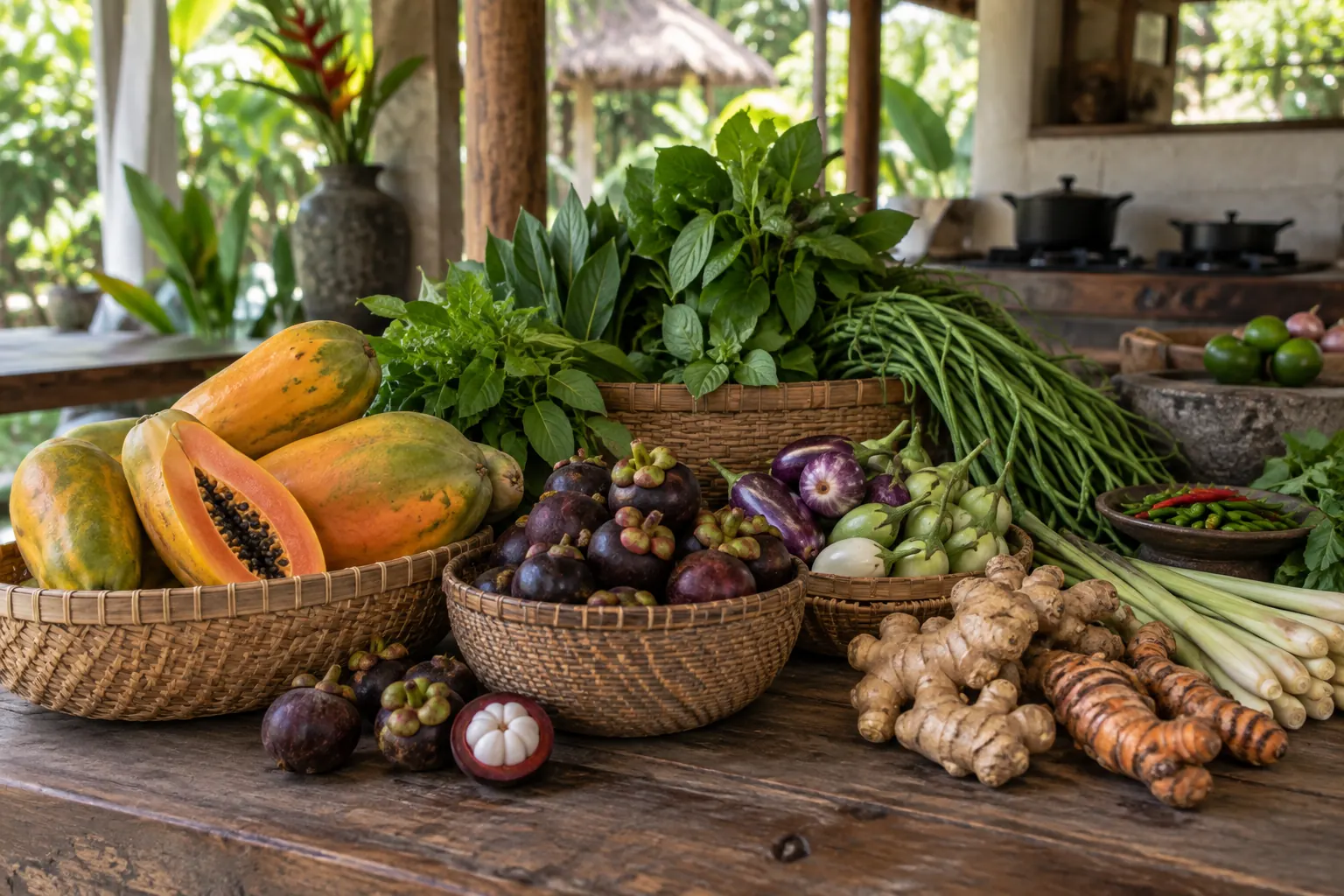 Baskets of papaya, mangosteen, vegetables and fresh cooking aromatics