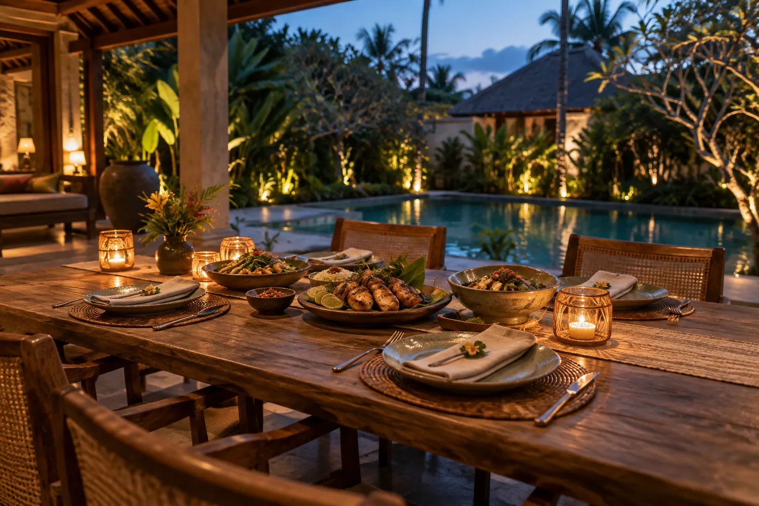 Shared dinner and candles on a four-place poolside table