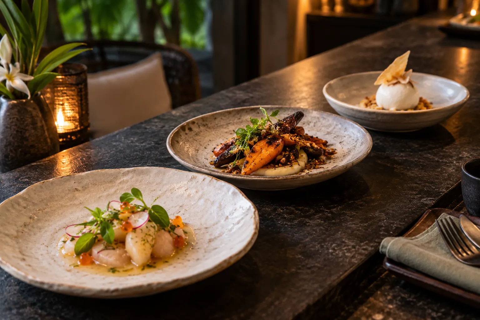 Seafood, roasted vegetables and coconut dessert plated as three tasting courses