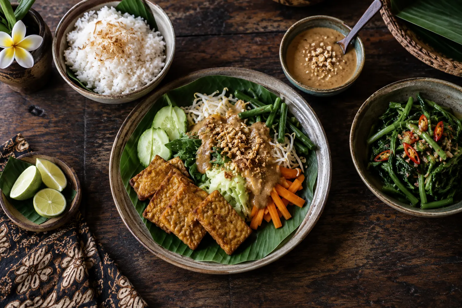 Tempeh, gado-gado vegetables, rice and water spinach on a wooden table