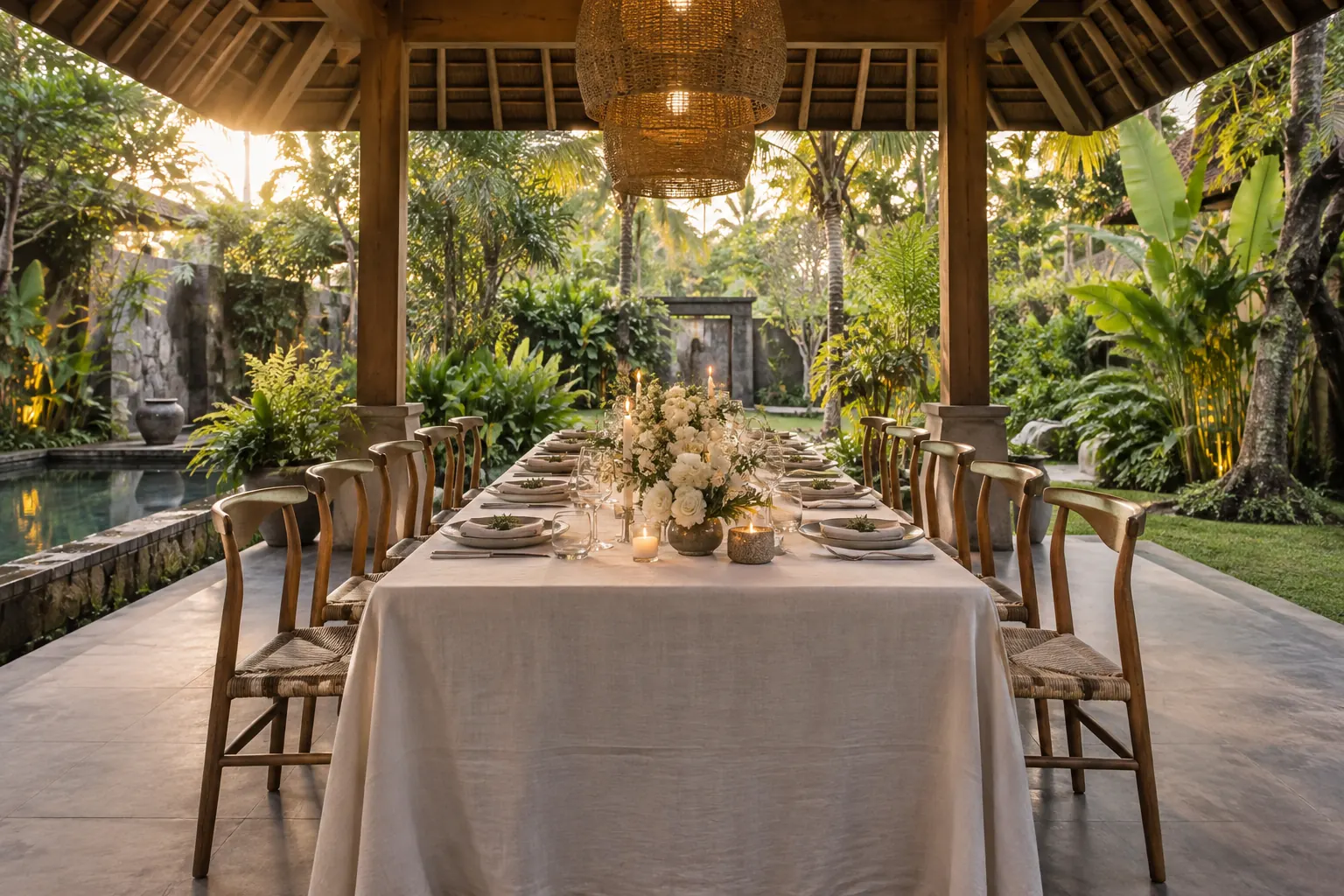 Long reception table with ivory linen and flowers beneath a garden pavilion