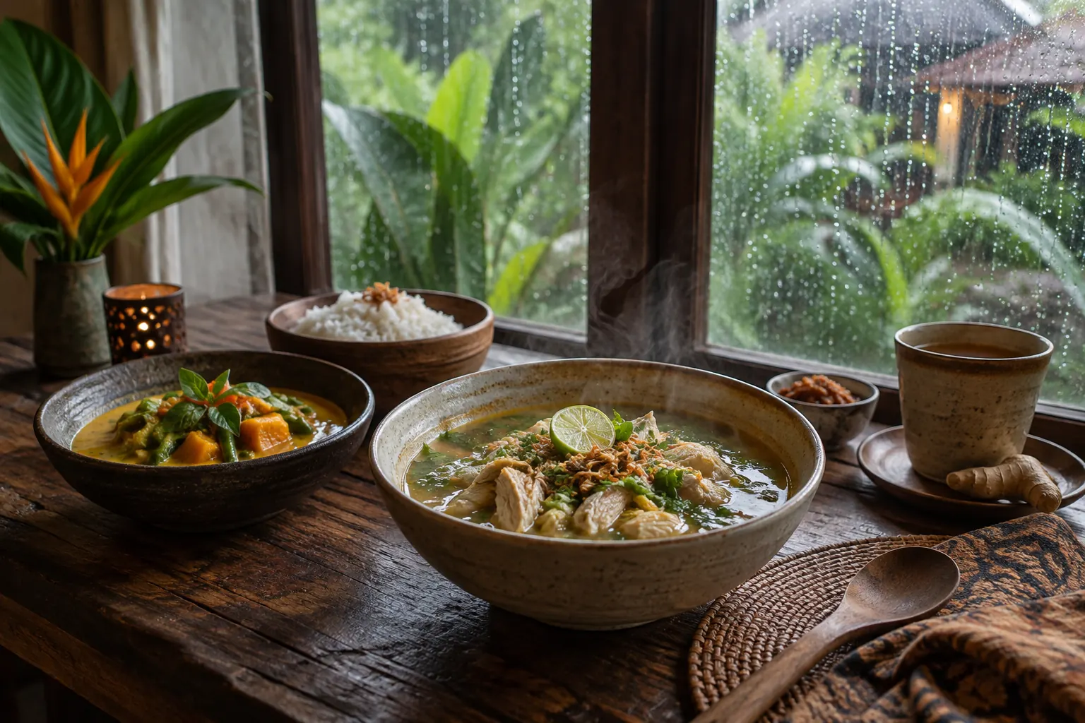 Chicken soup, vegetable curry and ginger tea beside a rain-speckled window