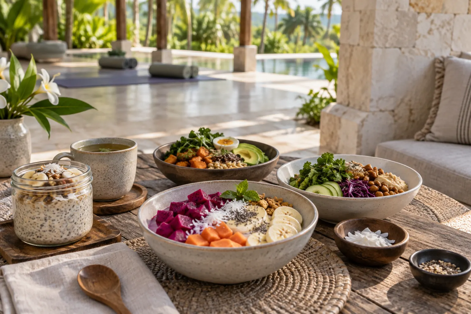 Fruit, oats and balanced grain bowls beside an open yoga pavilion