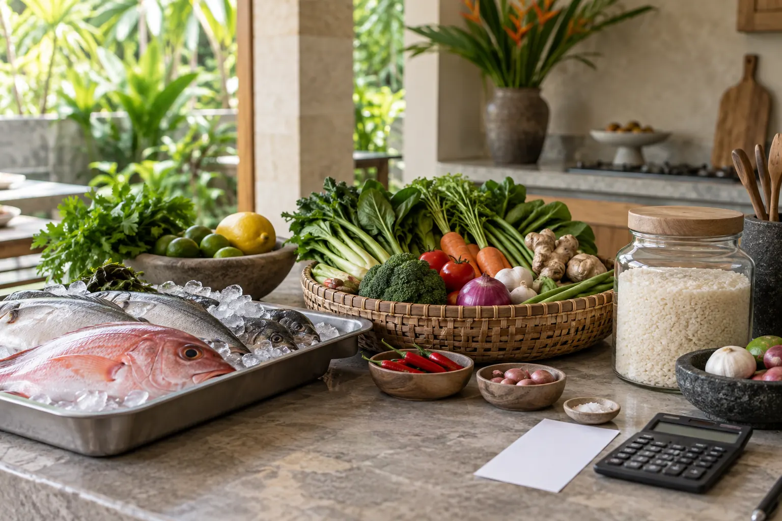 Fish on ice, vegetables and rice beside a calculator on a kitchen counter