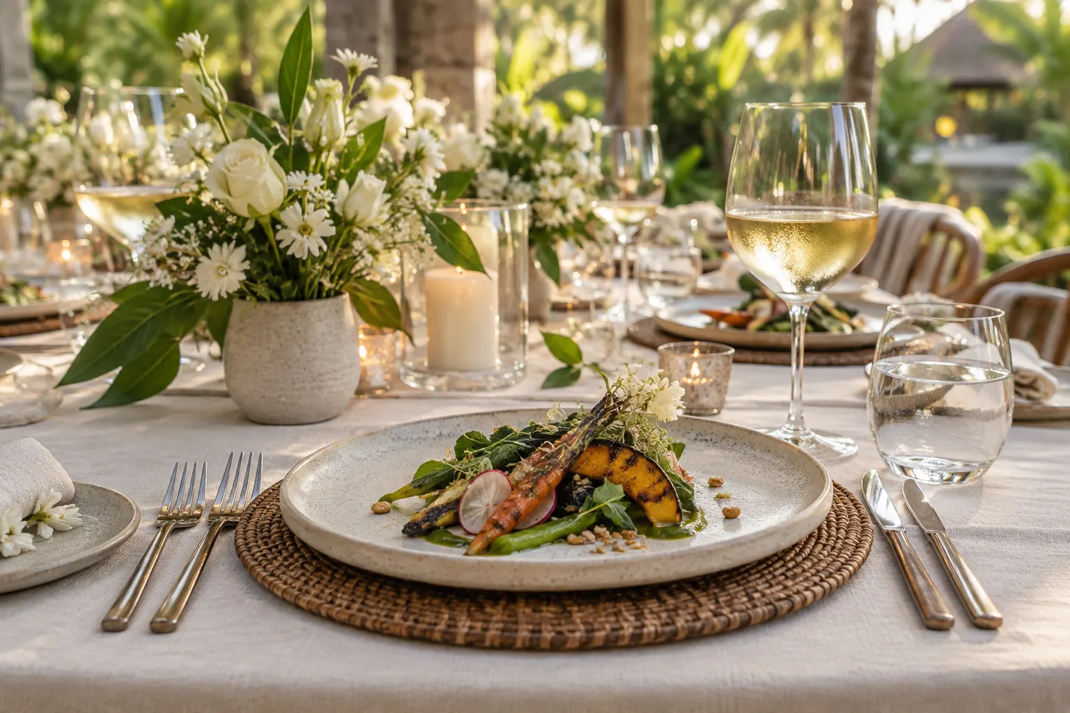 A plated vegetable starter at a reception table with white flowers