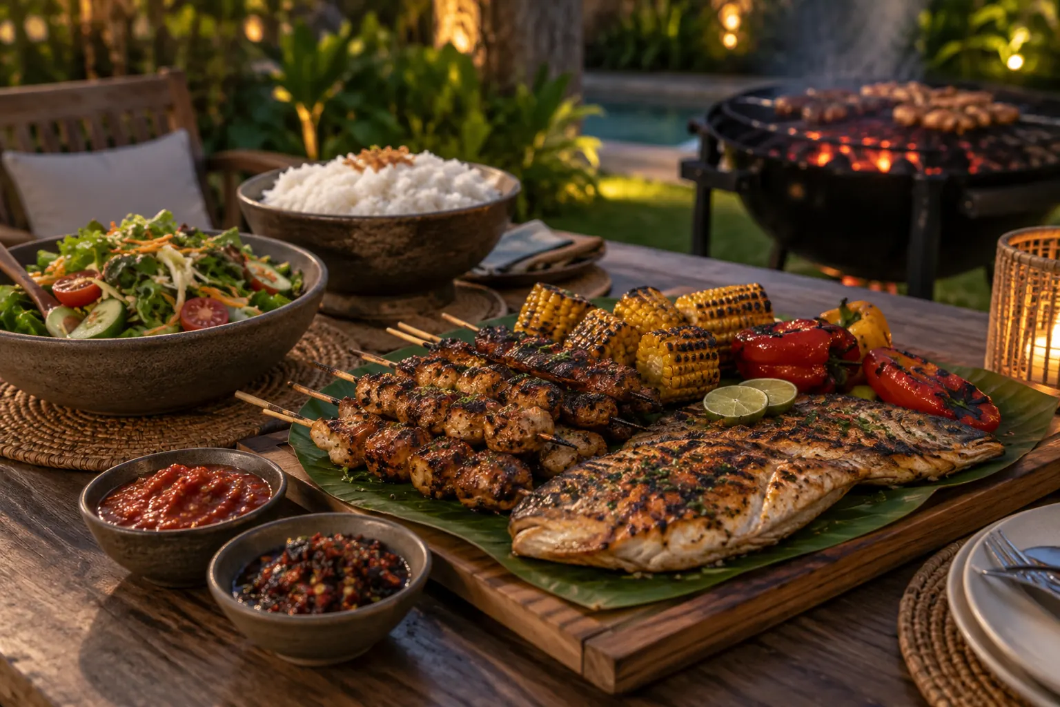 Grilled chicken skewers, fish, corn and peppers beside a charcoal barbecue