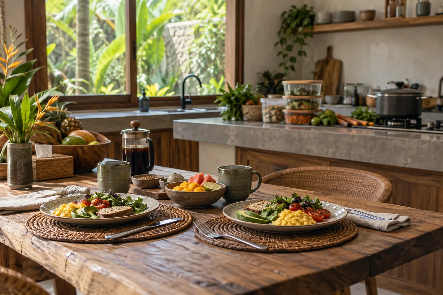 Breakfast for two with prepared meal containers in the kitchen behind