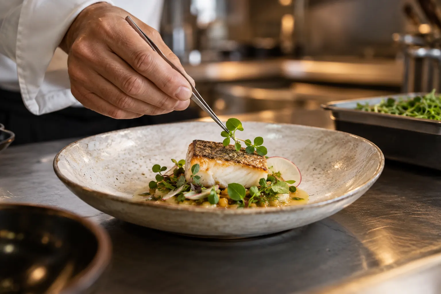 A cook using tweezers to place herbs on a plated fish course