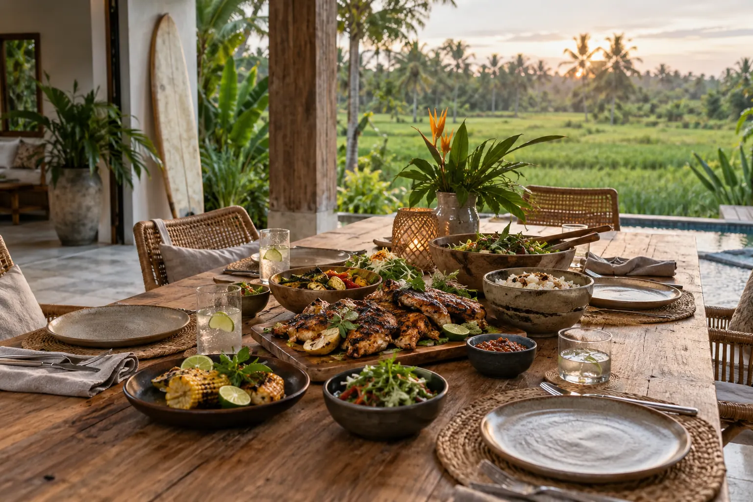 Grilled chicken and shared dishes on a villa terrace beside rice fields