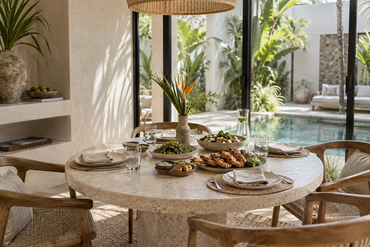 Seafood lunch on a round table in a bright contemporary villa