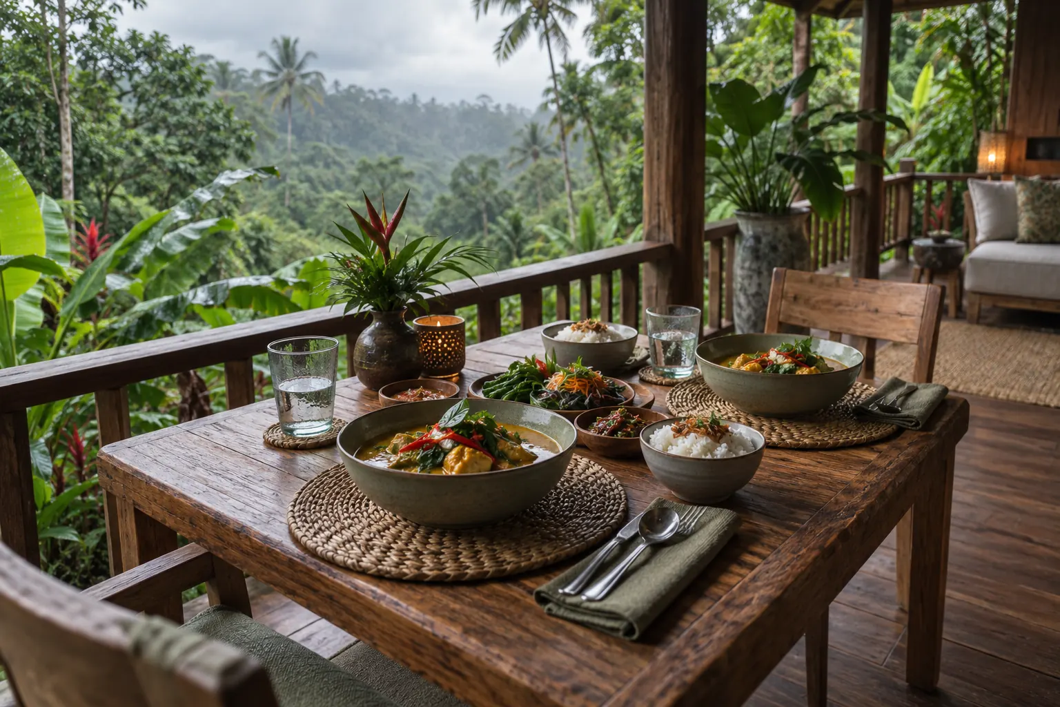 Curry, rice and vegetables on a covered veranda overlooking tropical forest
