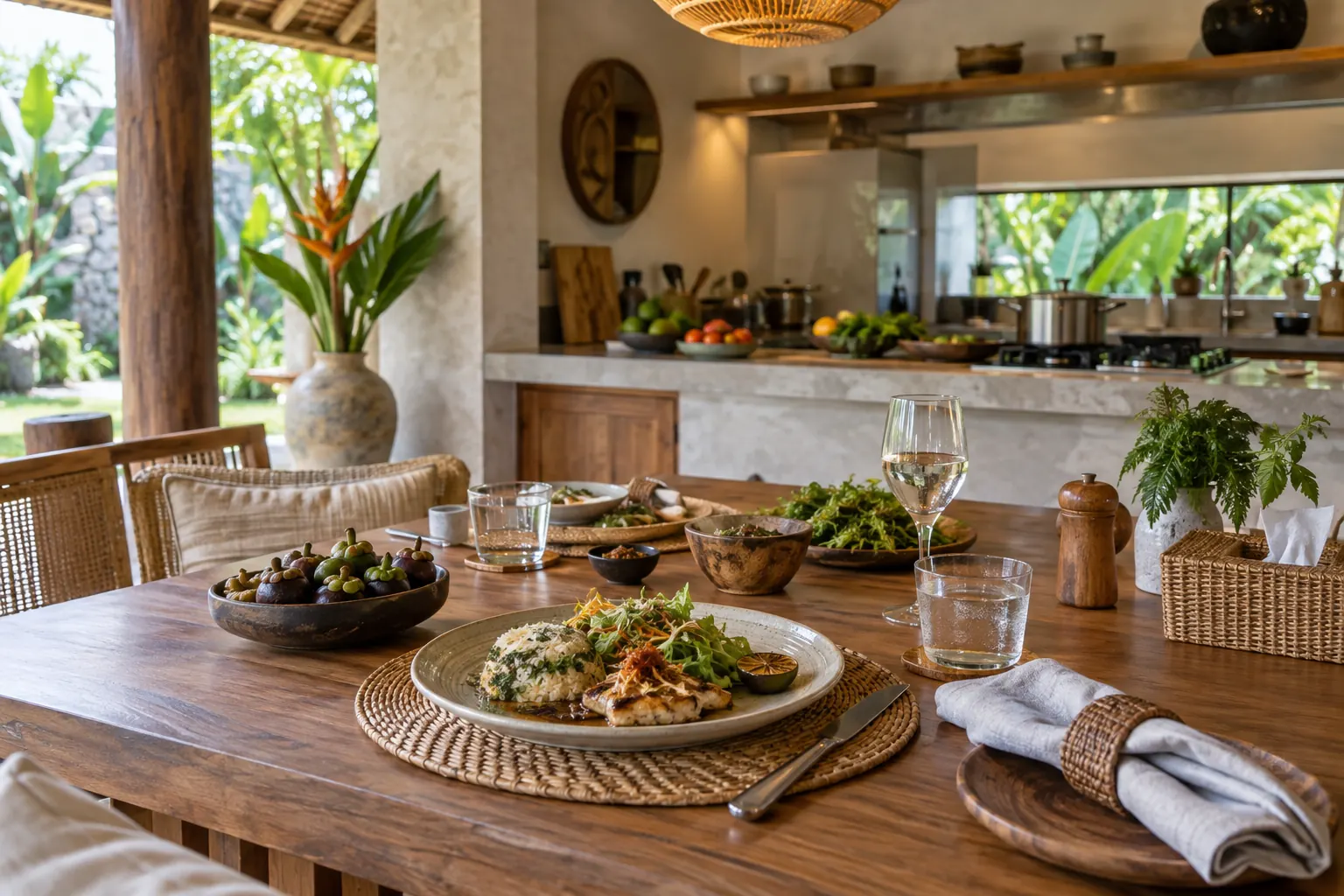 A prepared lunch table beside an open villa kitchen