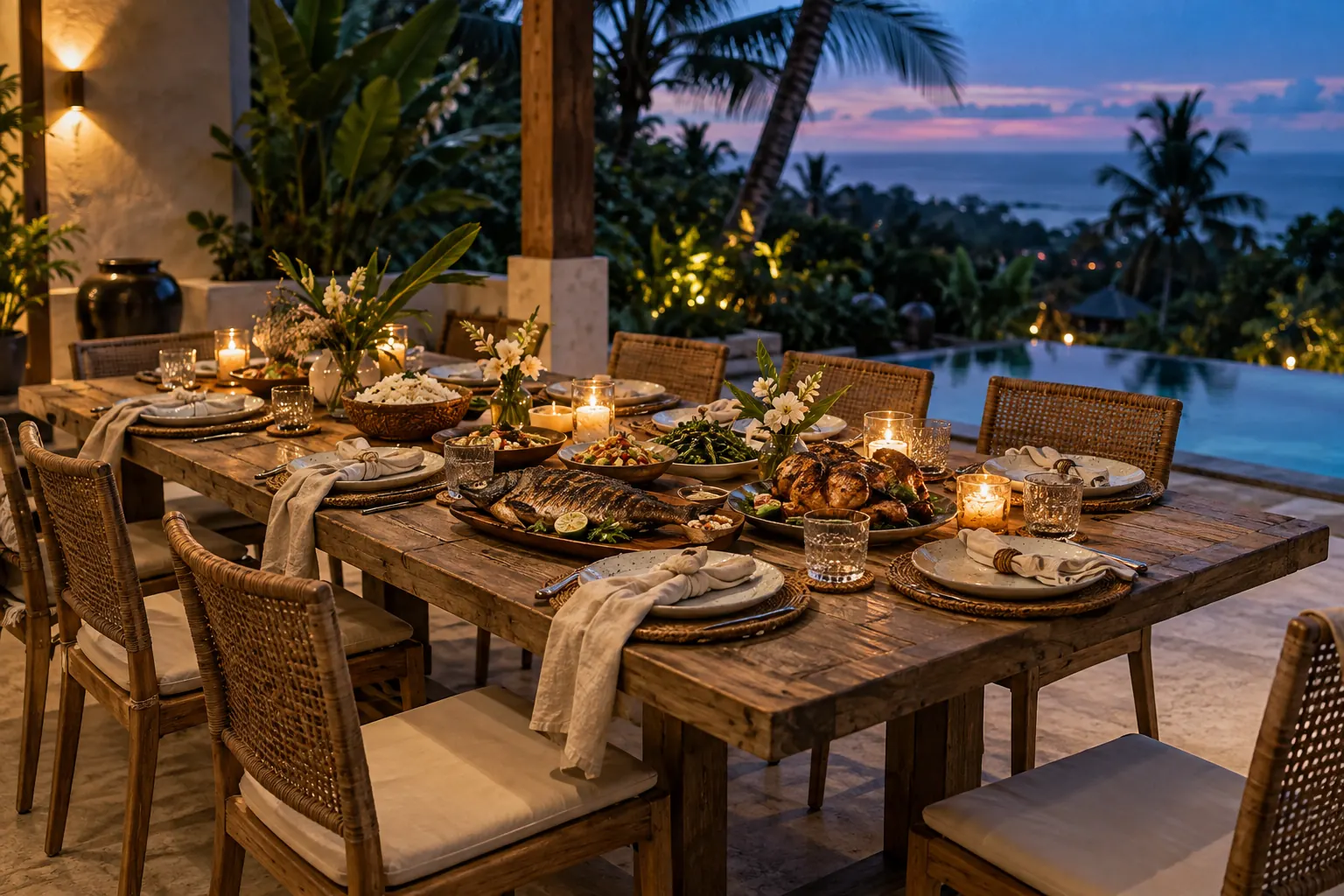 Grilled fish, roast chicken and shared sides at a candlelit villa table