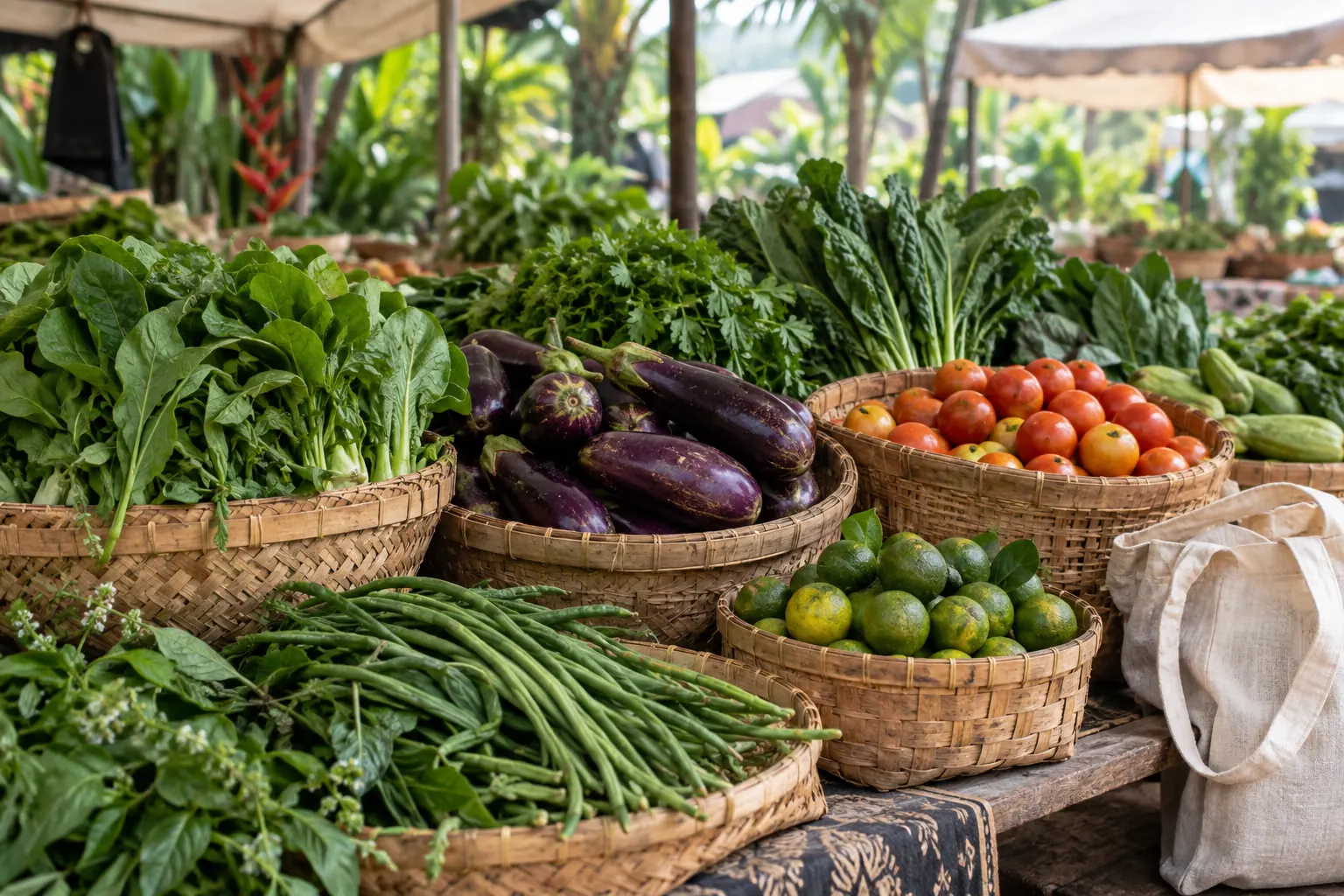 Reusable baskets filled with fresh greens, eggplants, tomatoes and limes