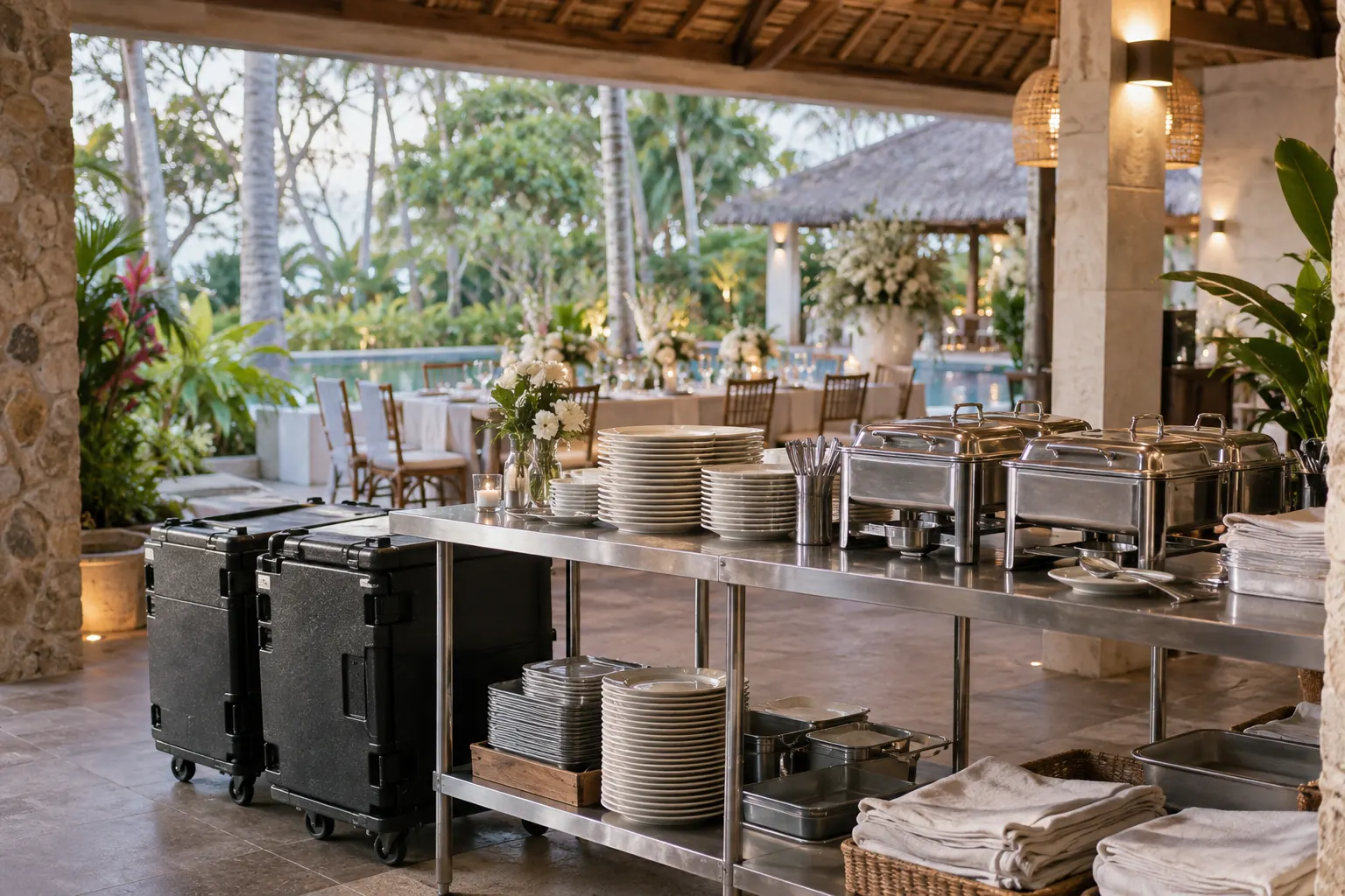 Covered serving trays, stacked plates and insulated carriers beside a reception area