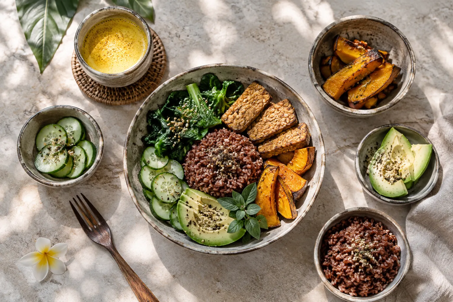Red rice, tempeh, roasted pumpkin and vegetables with a turmeric drink