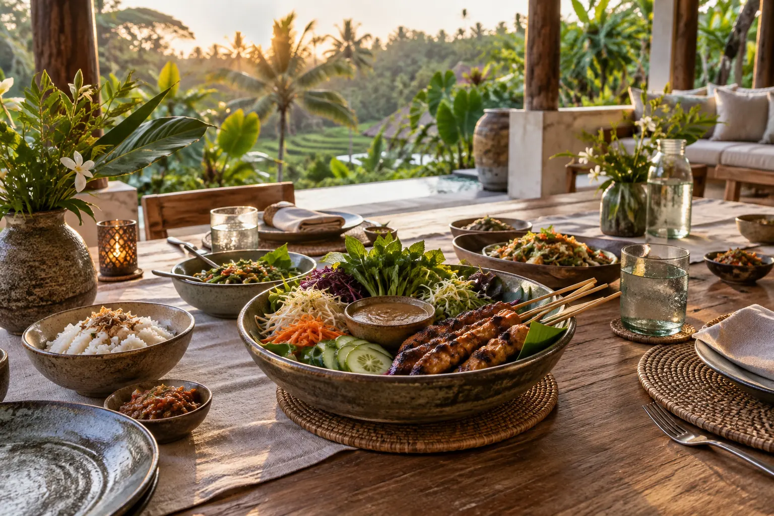 Satay, vegetables and rice served on a tropical veranda at golden hour