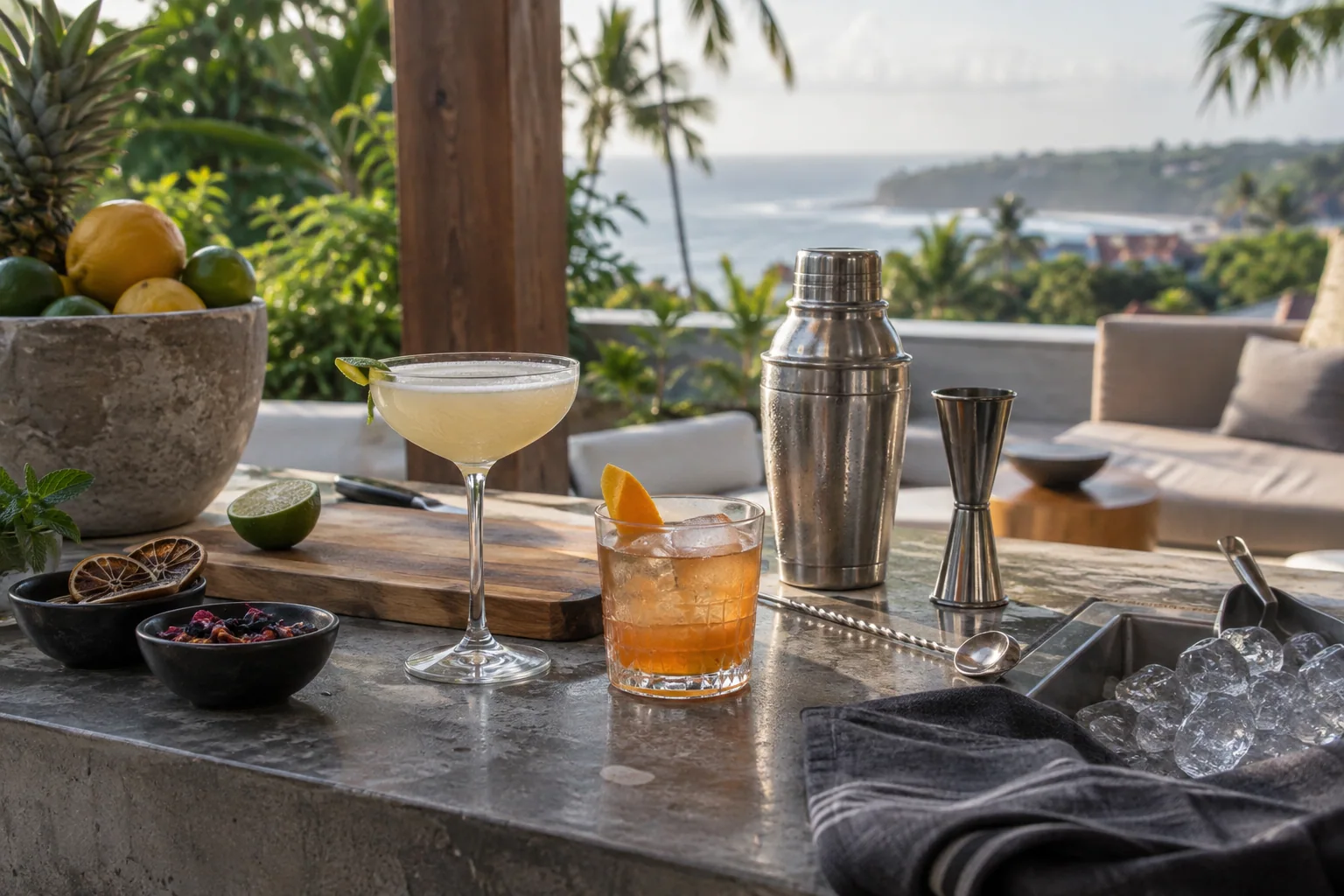 Cocktail tools, citrus and prepared drinks at a terrace bar