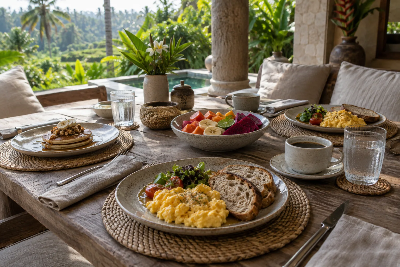 Breakfast dishes and fresh fruit at a dining table
