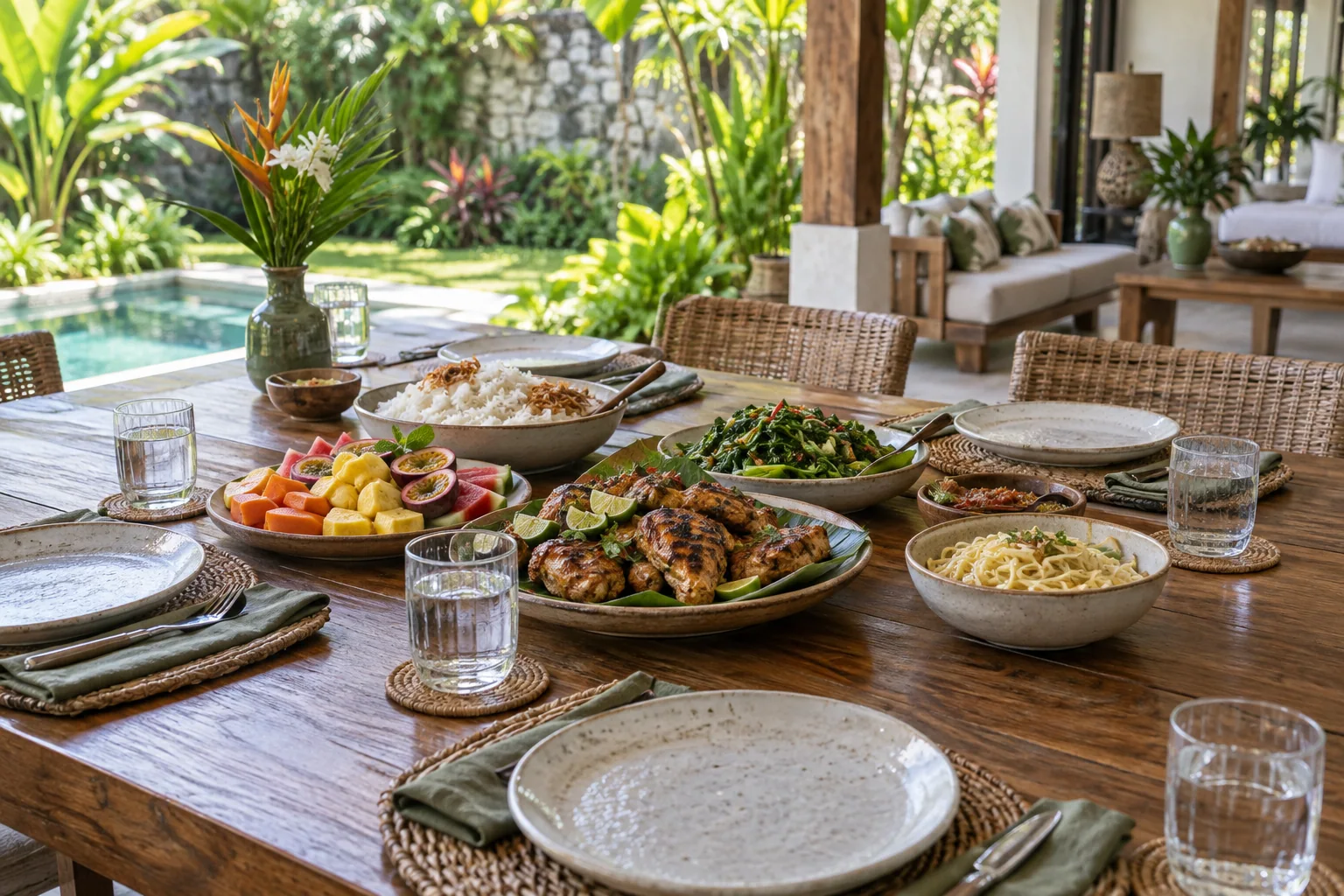 Sharing plates of chicken, vegetables, pasta, rice and fruit on a family dining table