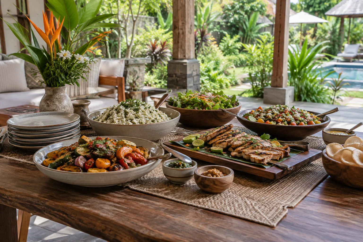 Buffet dishes arranged beside a garden dining area