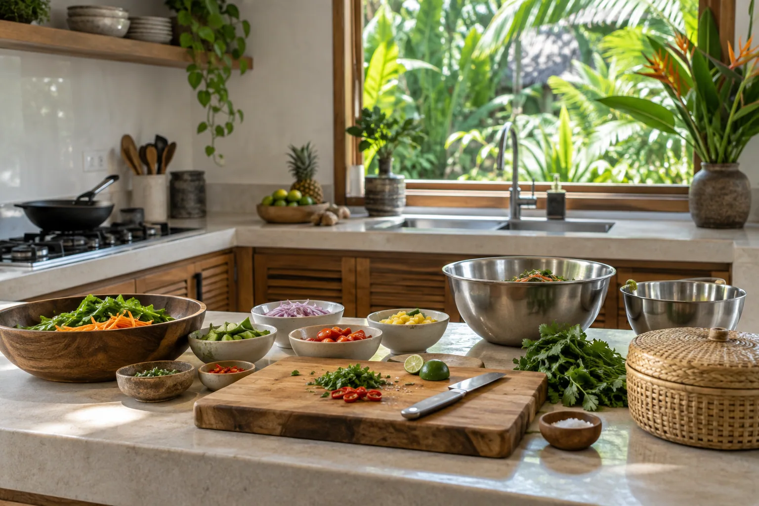 Ingredients and cookware arranged for meal preparation