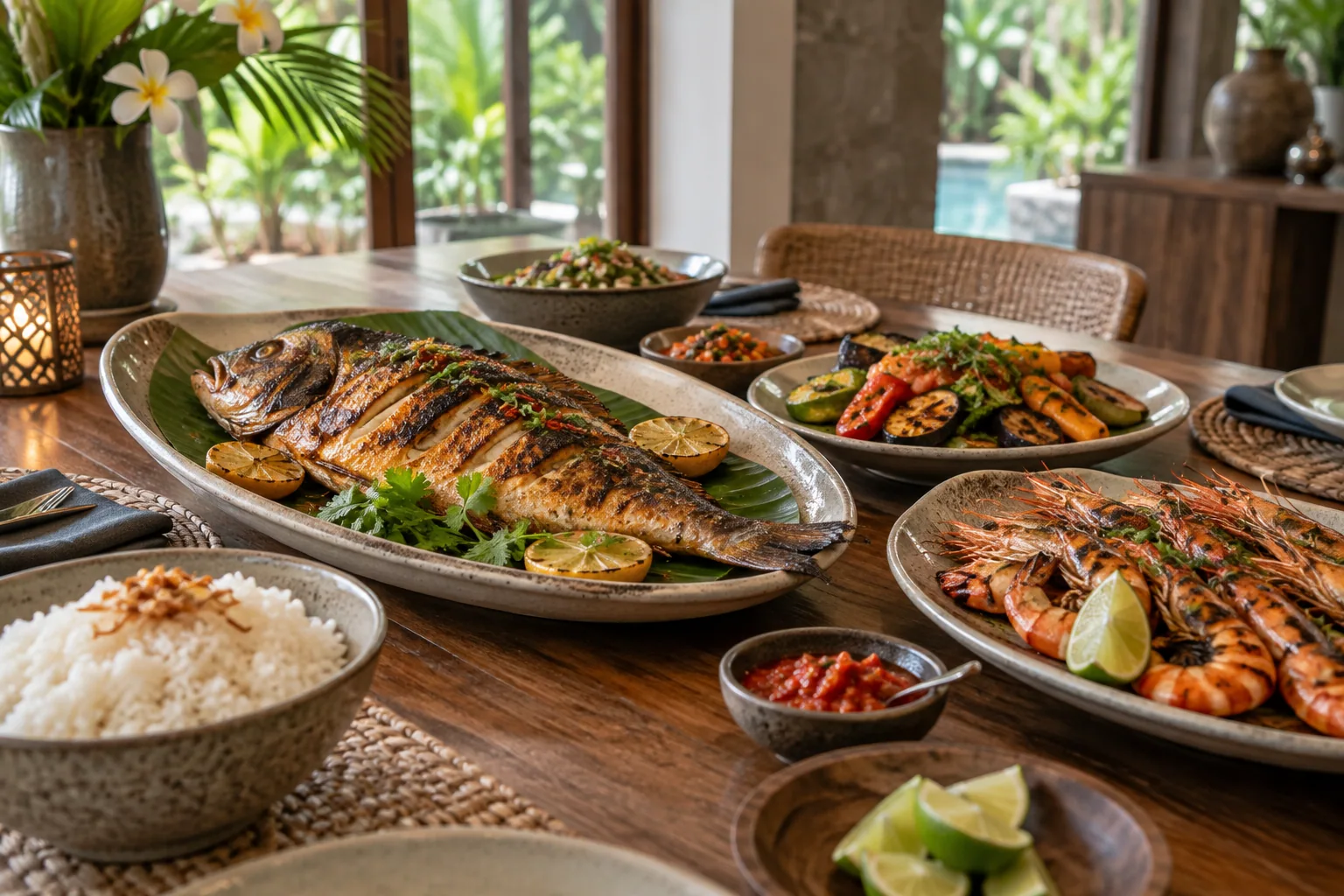 Seafood dishes arranged for a shared meal