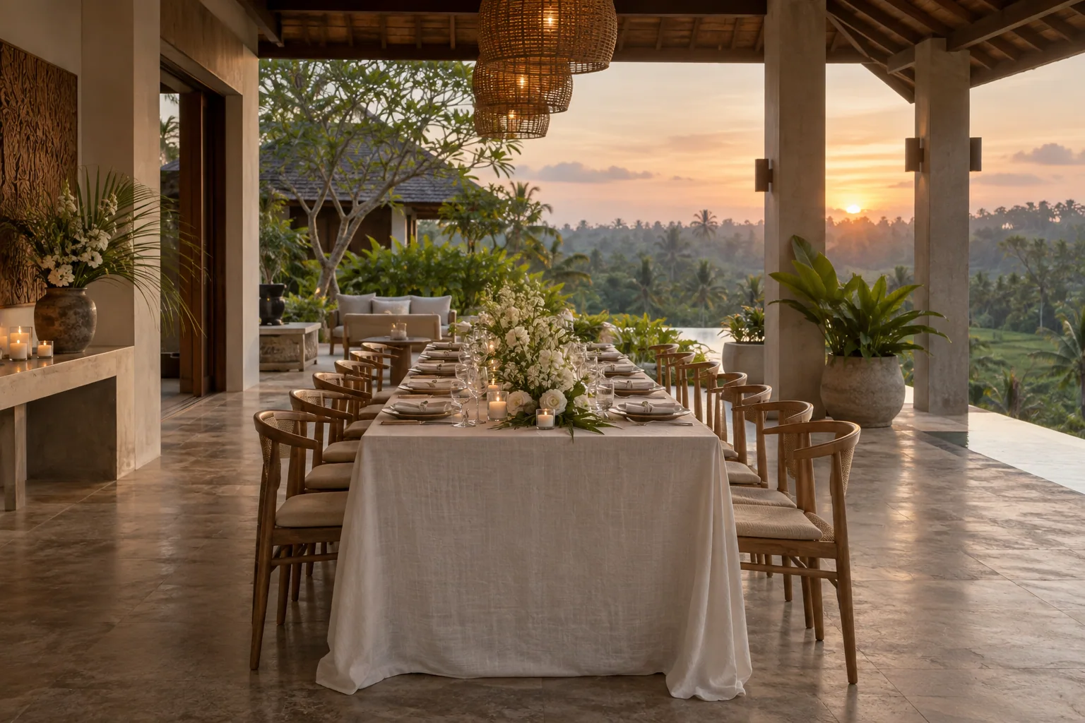 Long dining table with ivory linens and flowers on a covered villa terrace